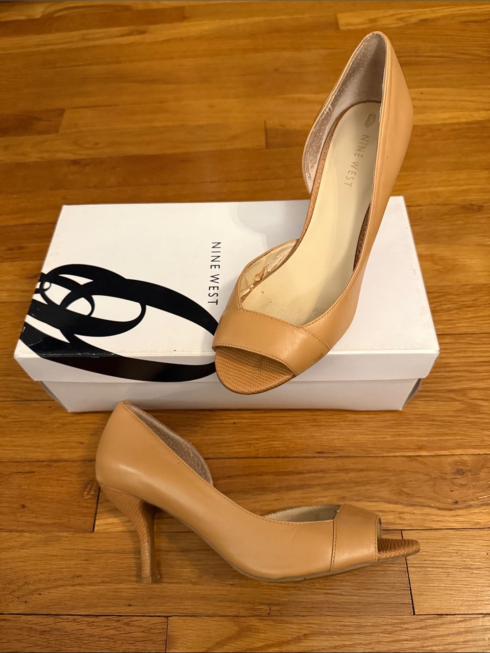 Nine West Beige/Tan Peep-Toe Leather Pumps
